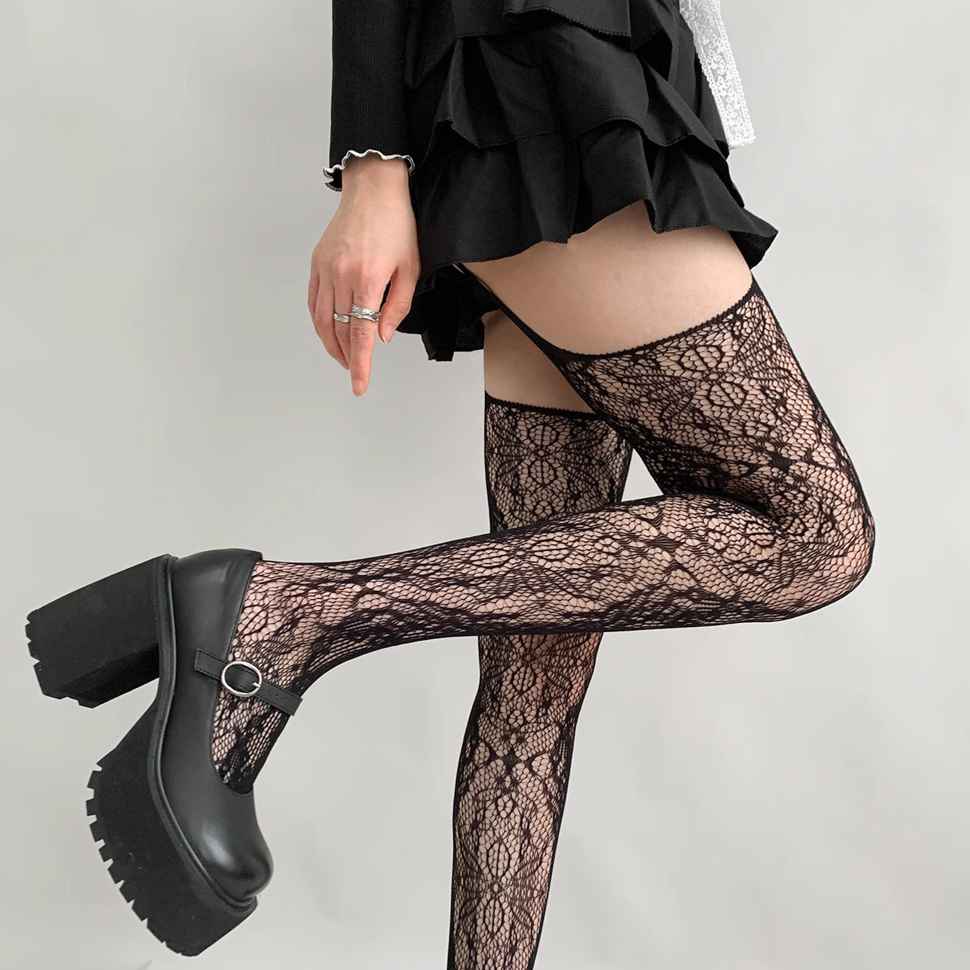 Lace Jacquard Fishnet Stockings Millennium Phoenix Sexy Black Silk Pantyhose