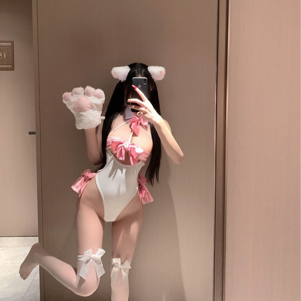 White Pink Bow Cat Girl Bodysuit