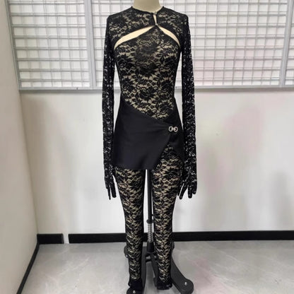 Sexy Cutout See-through Round Neck Long Sleeve Lace Tight Apron One-piece Suit