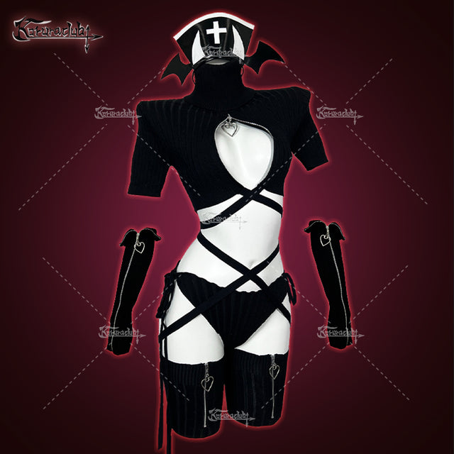 Cozy Hearted Nurse Lingerie Black KO49 (4-PIECE SET)