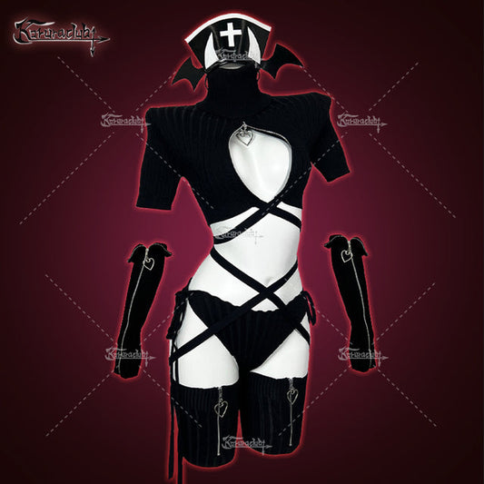 Cozy Hearted Nurse Lingerie Black KO49 (4-PIECE SET)