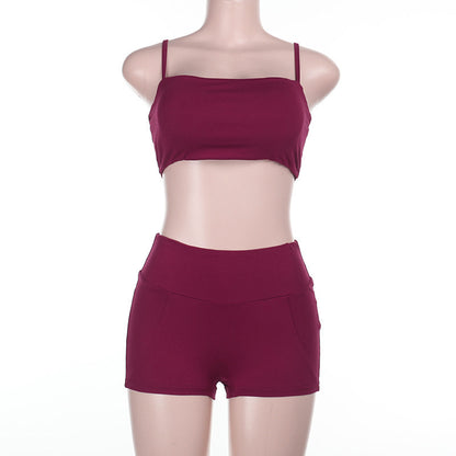 Solid Color Sports Fitness Leisure Sling Vest Shorts Set