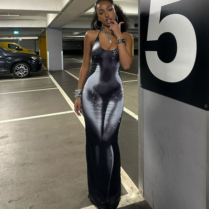 Spring New Printed Halter Slim Fit Sexy Backless Dress Women