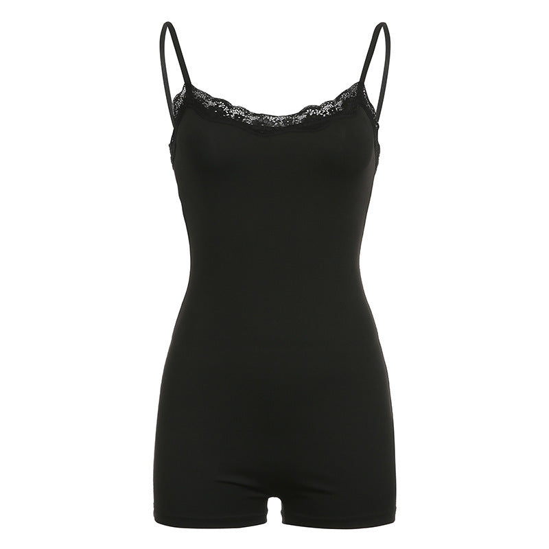 Lace Stitching Sexy Low-cut Tight-fitting Black One-piece Shorts