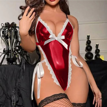 Sexy Female Patent Leather Lace Jumpsuit Sexy Suit