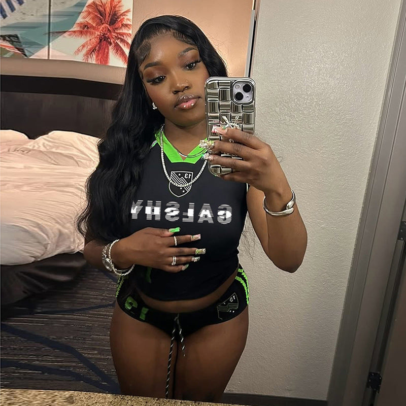 Fashion Casual Printing Round Neck Short Sleeve T-shirt Drawstring Super Short Shorts Suit