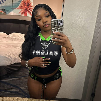 Fashion Casual Printing Round Neck Short Sleeve T-shirt Drawstring Super Short Shorts Suit