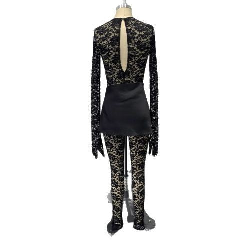 Sexy Cutout See-through Round Neck Long Sleeve Lace Tight Apron One-piece Suit