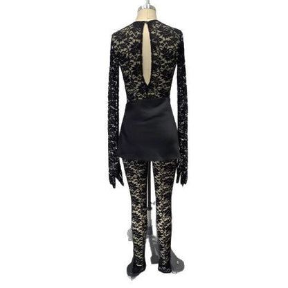 Sexy Cutout See-through Round Neck Long Sleeve Lace Tight Apron One-piece Suit