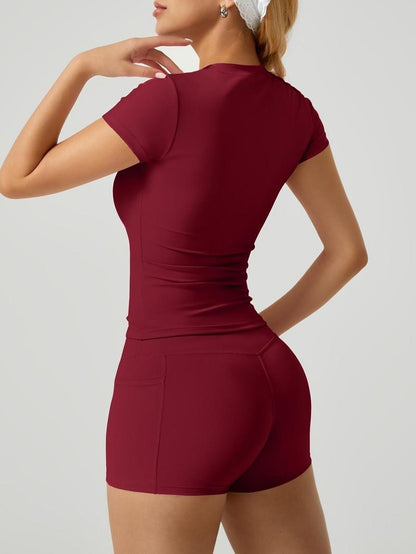 Women's Short-sleeved Slim-fit Pocket Shorts Suit