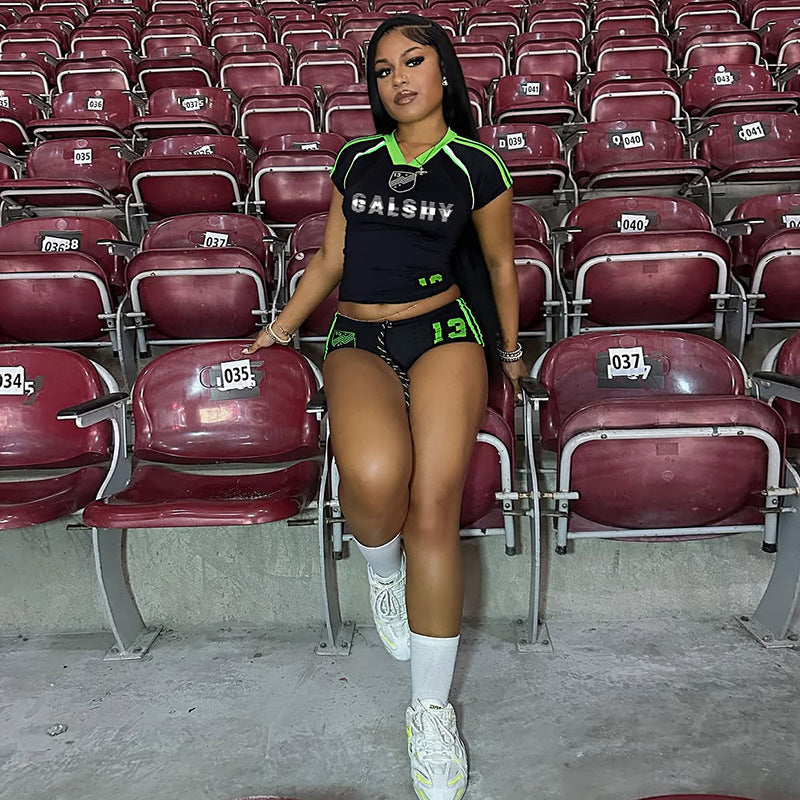 Fashion Casual Printing Round Neck Short Sleeve T-shirt Drawstring Super Short Shorts Suit