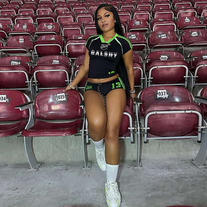 Fashion Casual Printing Round Neck Short Sleeve T-shirt Drawstring Super Short Shorts Suit