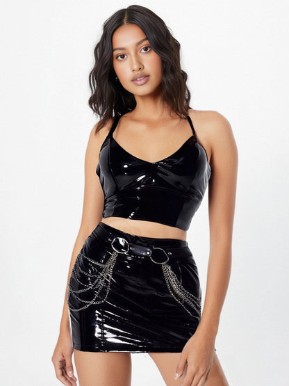 Black Faux Leather & Chains Clubwear Set