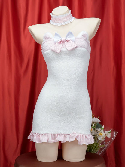 White Furry Cat Strapless Mini Dress