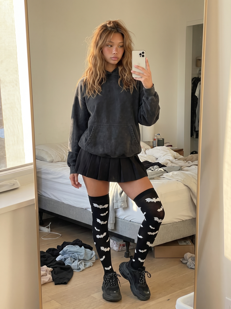 Gothic Print Over-Knee Socks