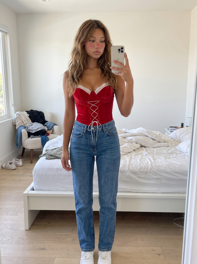 Red Velvet Corset Set