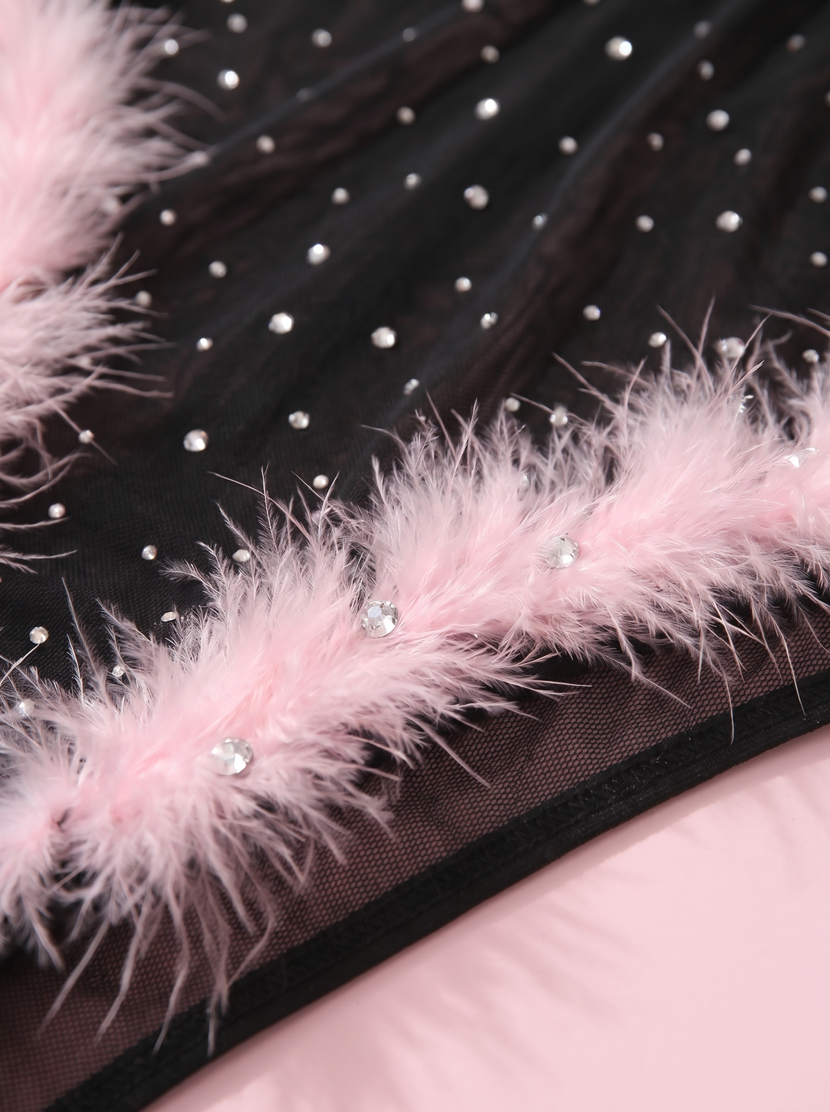 Black Feather Trim Rhinestone Teddy
