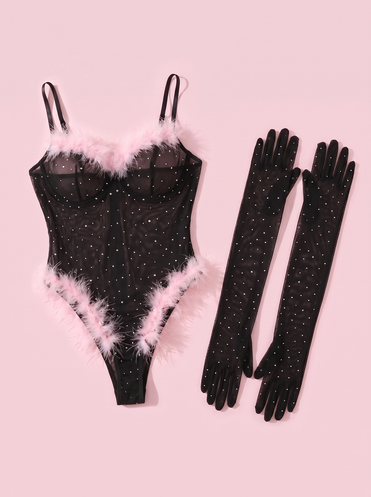 Black Feather Trim Rhinestone Teddy
