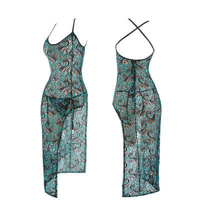 Hollow Cheongsam Dress Embroidery Peacock Lace Chemise Set Chinese Qipao Dress