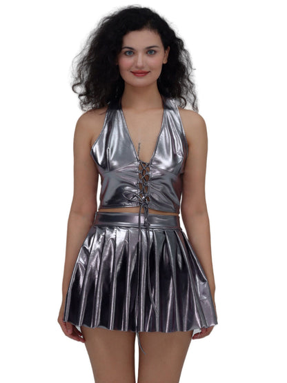 Metallic Lace-up Two Piece Rave Outfit