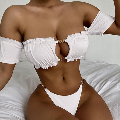 Sexy Bandeau Bikini Swimsuit Solid Chain Cut-Out Two Piece Swimsuit