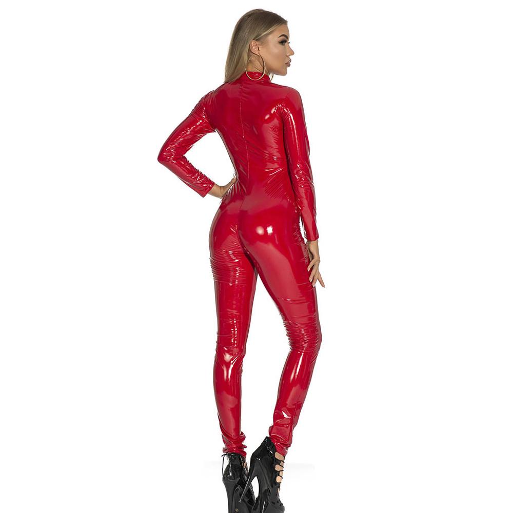 Plus Size Latex Catsuit One Piece Zipper Jumpsuit Long Sleeve Full Bodysuit for Women