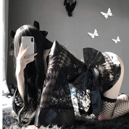Women's Lace Kimono Robe Babydoll Lingerie Mesh Nightgown
