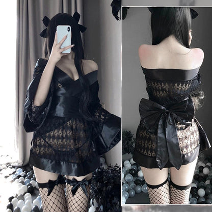Women's Lace Kimono Robe Babydoll Lingerie Mesh Nightgown