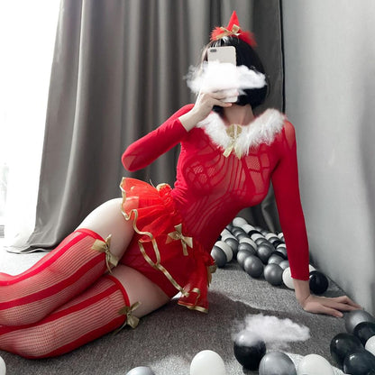 Christmas Bodysuit Sexy Mrs Claus Fishnet Lingerie Red Long Sleeve Backless Cosplay Costume