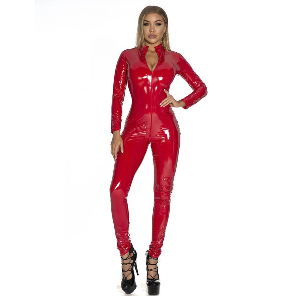 Plus Size Latex Catsuit One Piece Zipper Jumpsuit Long Sleeve Full Bodysuit for Women