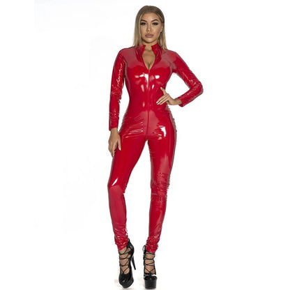 Plus Size Latex Catsuit One Piece Zipper Jumpsuit Long Sleeve Full Bodysuit for Women