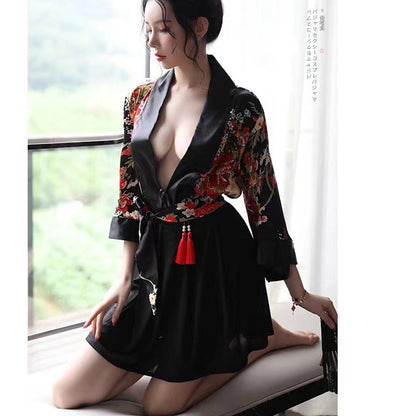 Japanese Kimono Costume Sexy Floral Robe Deep V Semi Sheer Lingerie