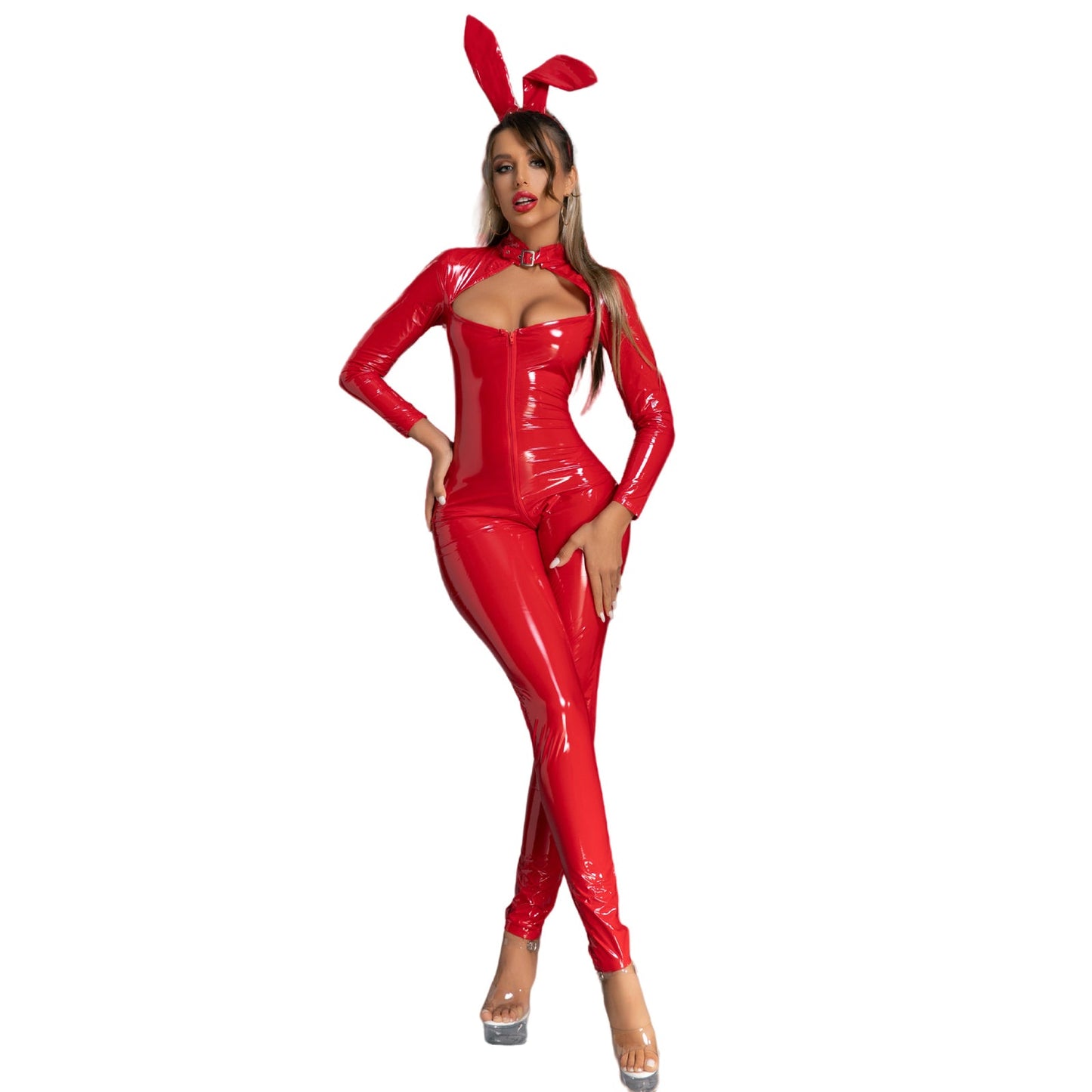Latex Bunny Girl Outfits Front Zipper Full Body Catsuit PU Leather Night Club Jumpsuit
