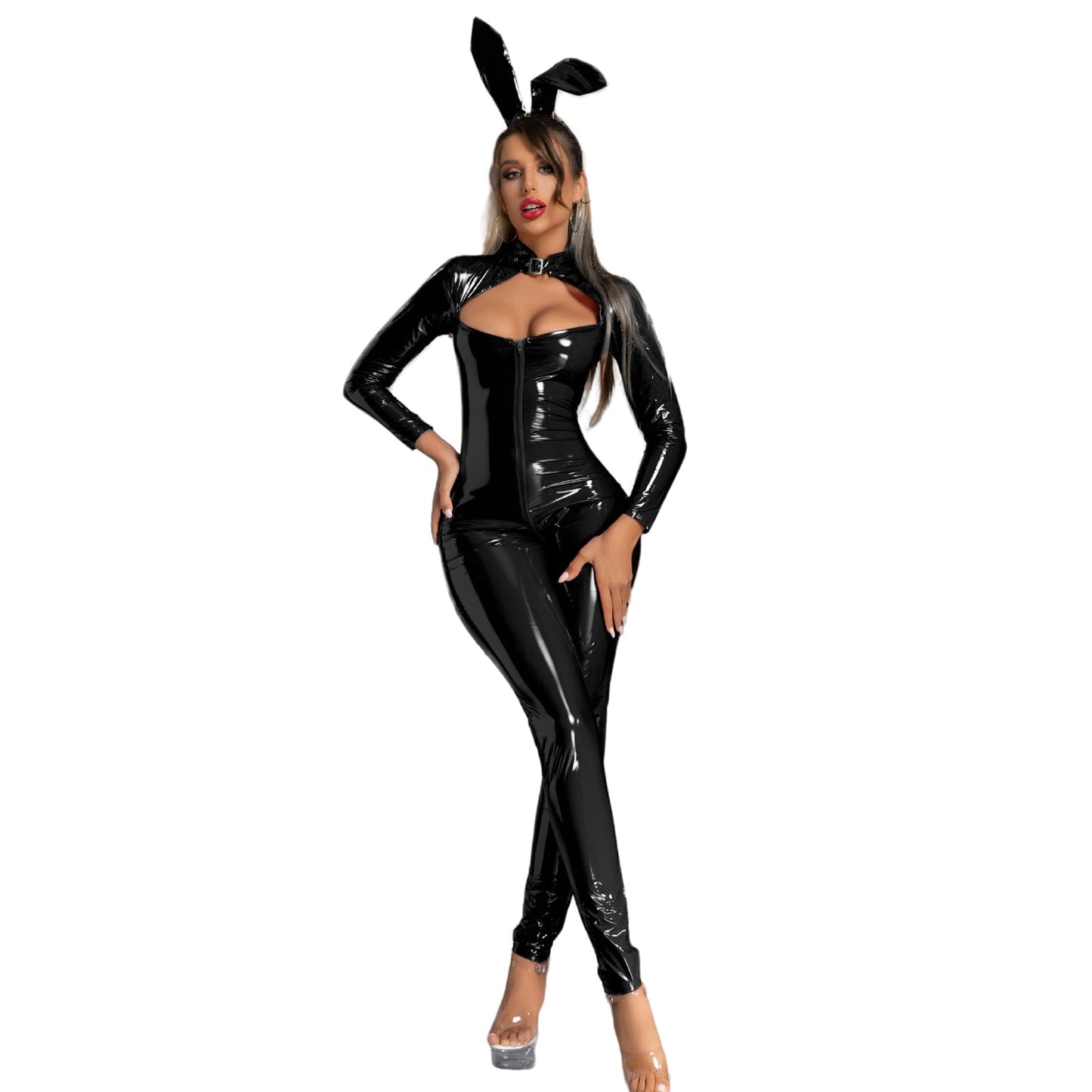 Latex Bunny Girl Outfits Front Zipper Full Body Catsuit PU Leather Night Club Jumpsuit