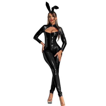 Latex Bunny Girl Outfits Front Zipper Full Body Catsuit PU Leather Night Club Jumpsuit