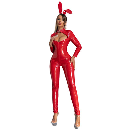 Latex Bunny Girl Outfits Front Zipper Full Body Catsuit PU Leather Night Club Jumpsuit