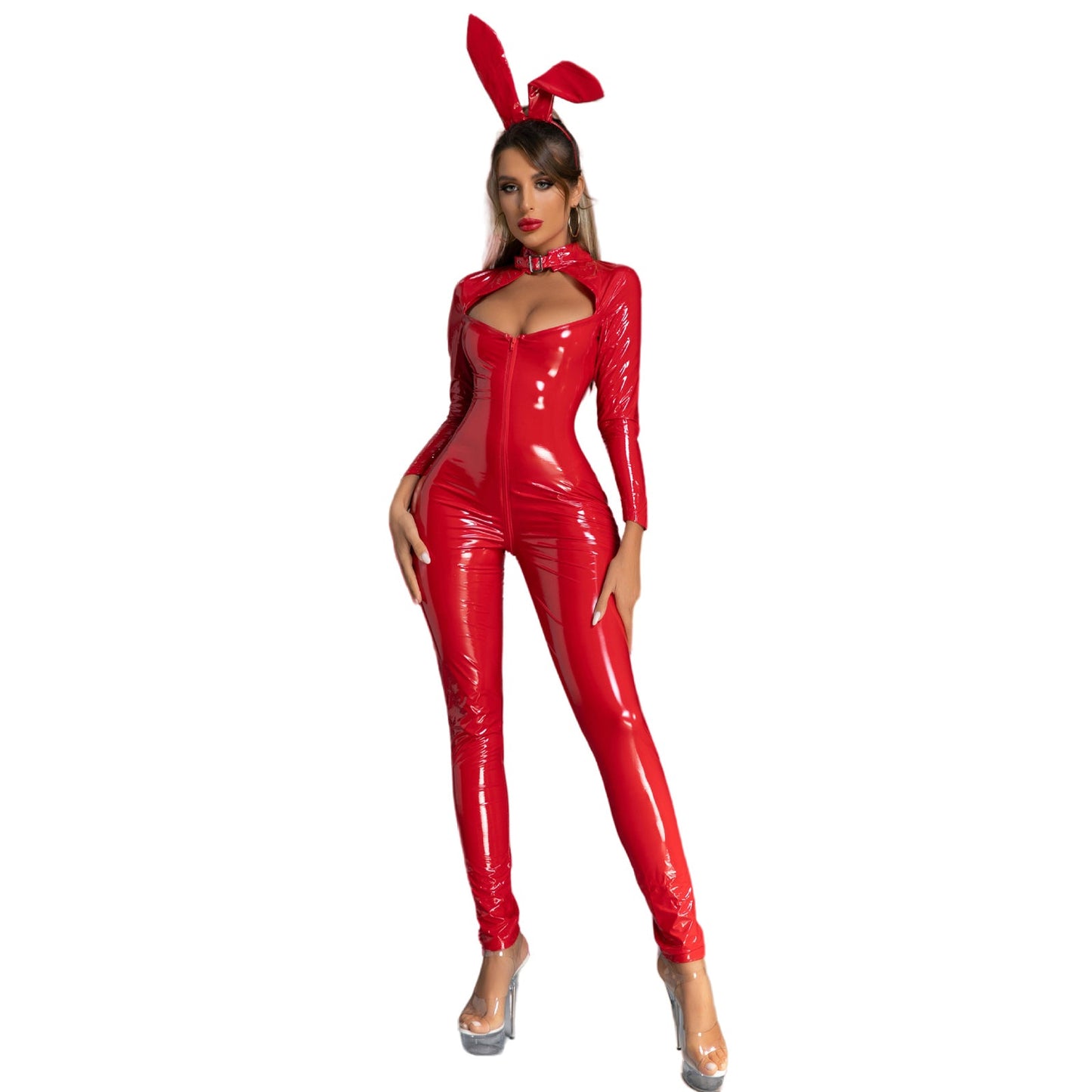 Latex Bunny Girl Outfits Front Zipper Full Body Catsuit PU Leather Night Club Jumpsuit