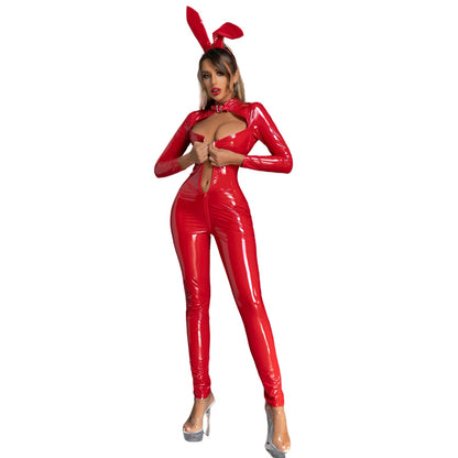 Latex Bunny Girl Outfits Front Zipper Full Body Catsuit PU Leather Night Club Jumpsuit