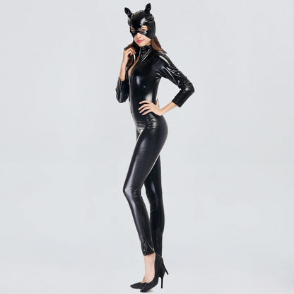 Latex Cat Women Jumpsuit Black Pu Leather Full Body Catsuit Zipper Up Night Club Outfit