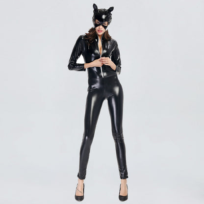 Latex Cat Women Jumpsuit Black Pu Leather Full Body Catsuit Zipper Up Night Club Outfit