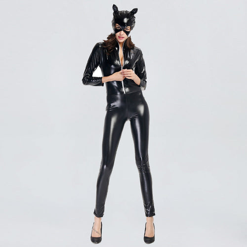 Latex Cat Women Jumpsuit Black Pu Leather Full Body Catsuit Zipper Up Night Club Outfit