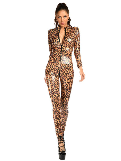 Latex Leopard Zipper Up Jumpsuit