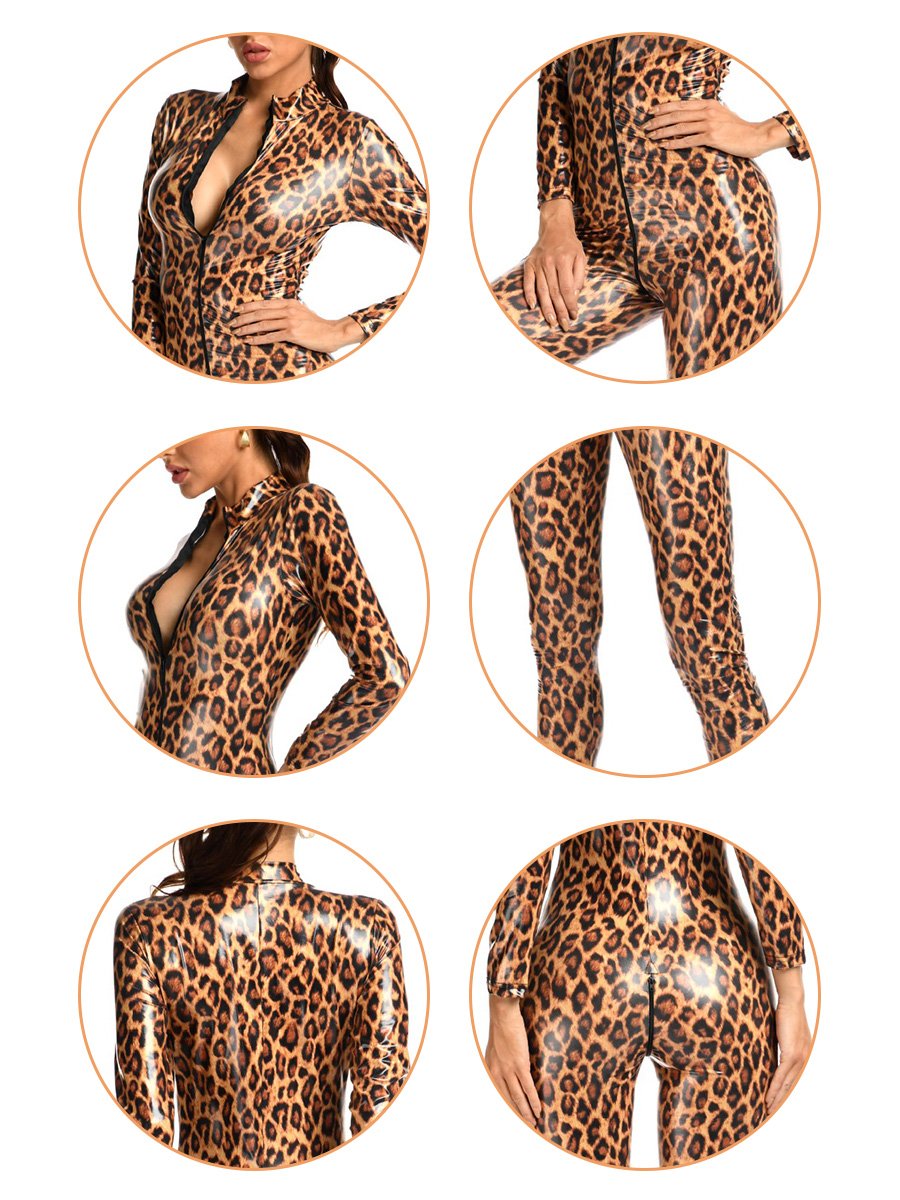 Latex Leopard Zipper Up Jumpsuit