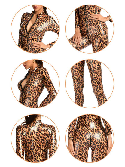 Latex Leopard Zipper Up Jumpsuit