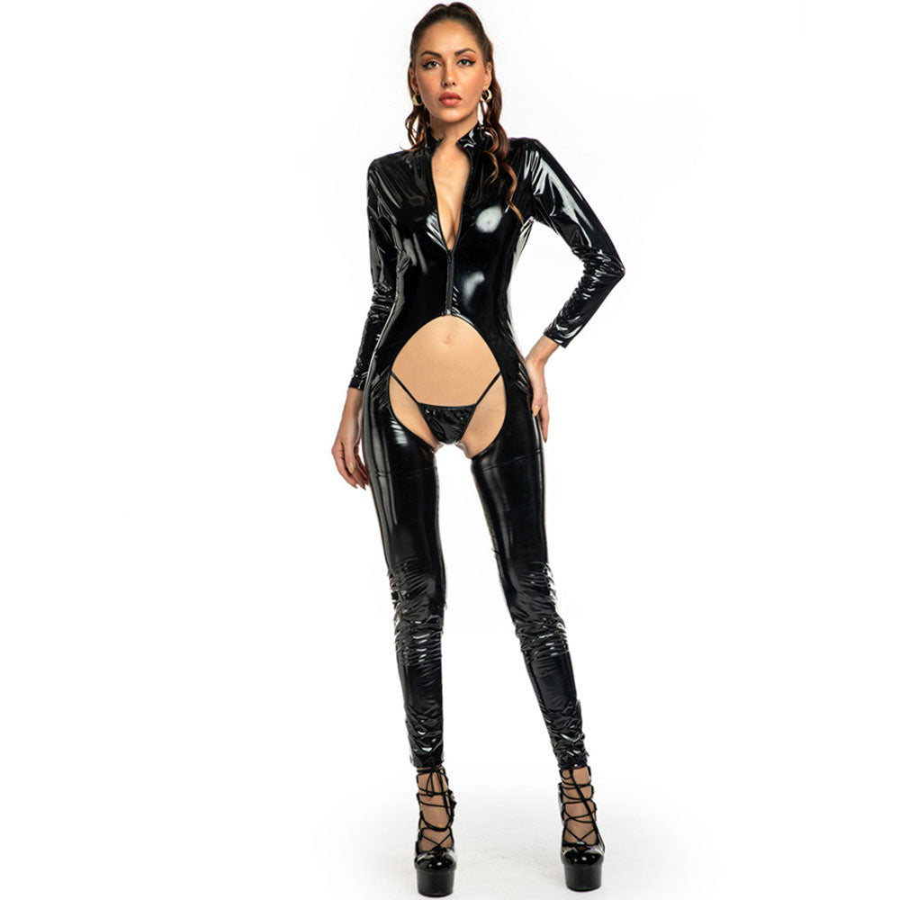 Plus Size PVC Catsuit Latex Open Crotch Jumpsuit One Piece Zipper Full Body Suit