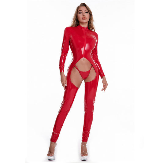 Plus Size PVC Catsuit Latex Open Crotch Jumpsuit One Piece Zipper Full Body Suit