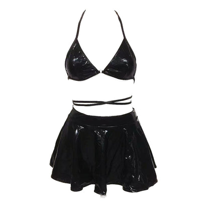 Metallic Rave Skirt Set for Women Sexy Music Festival Holographic Strappy Bikini with Mini Skirt 3 Piece Set