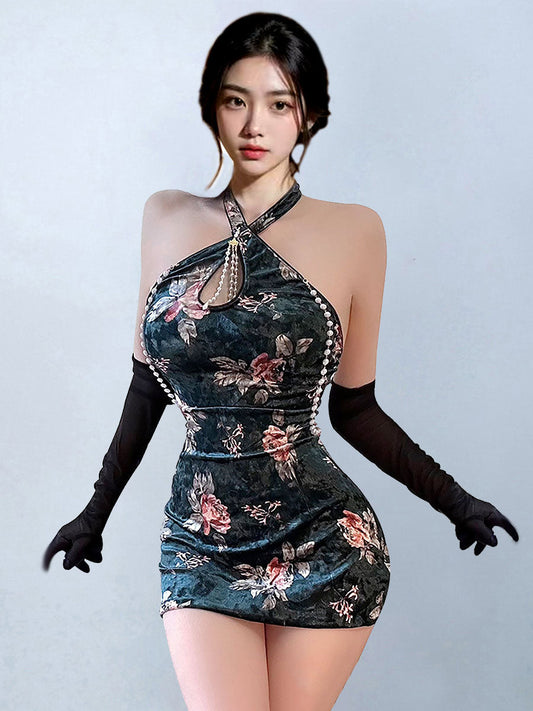 Plus Size Velvet Floral Cheongsam Dress