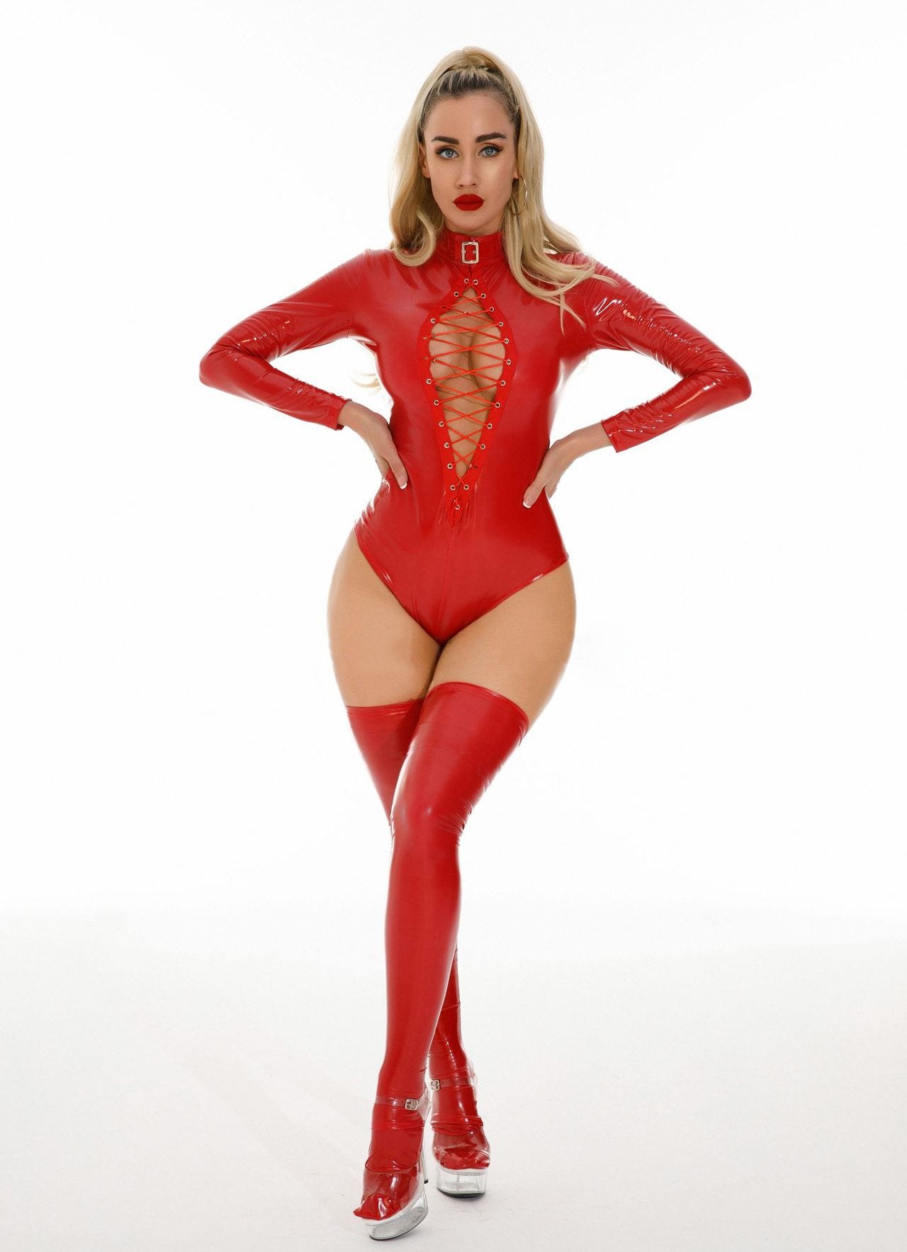 Latex Lace-up Eyelet Bodysuit