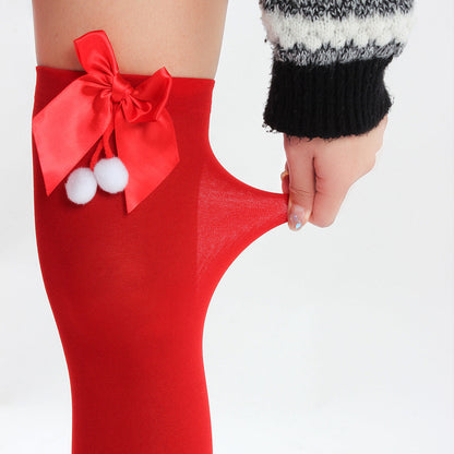 Red Opaque Thigh High Stocking with Bowknot for Christmas